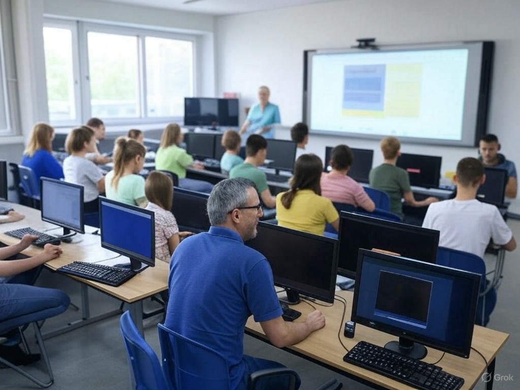 a group of people in a computer classroom